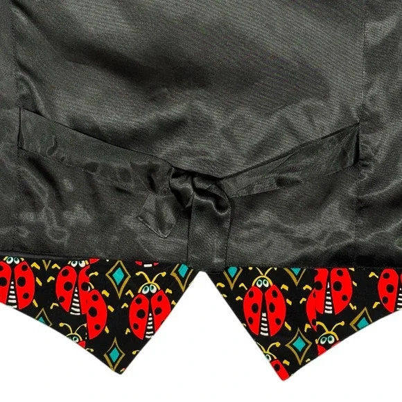 Bob Mackie Wearable Art Vintage Silk Ladybug Print Vest Black Red Gold Button M - Picture 5 of 7
